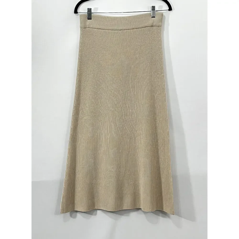 SEZANE M Medium Naelle Skirt Ribbed Beige Natural Midi Length Merino Cotton NWT - Picture 2 of 10